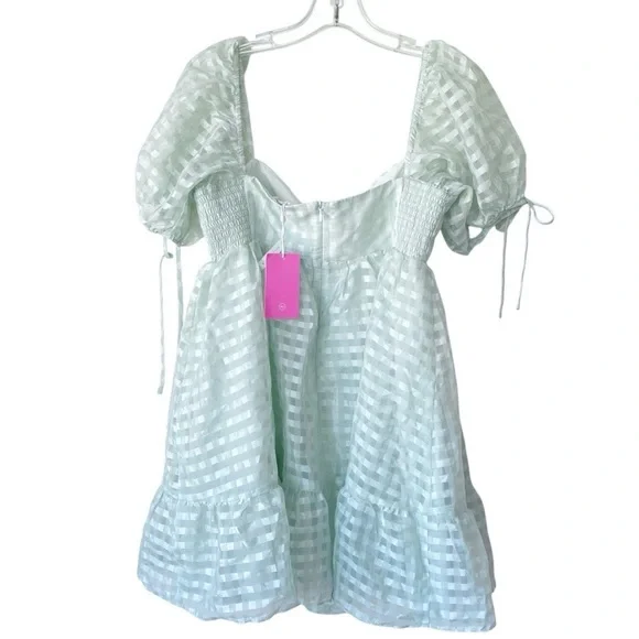 AMANDA UPRICHARD Mint Gingham Puff Sleeve Mini Dress - Size Large - Picture 4 of 9